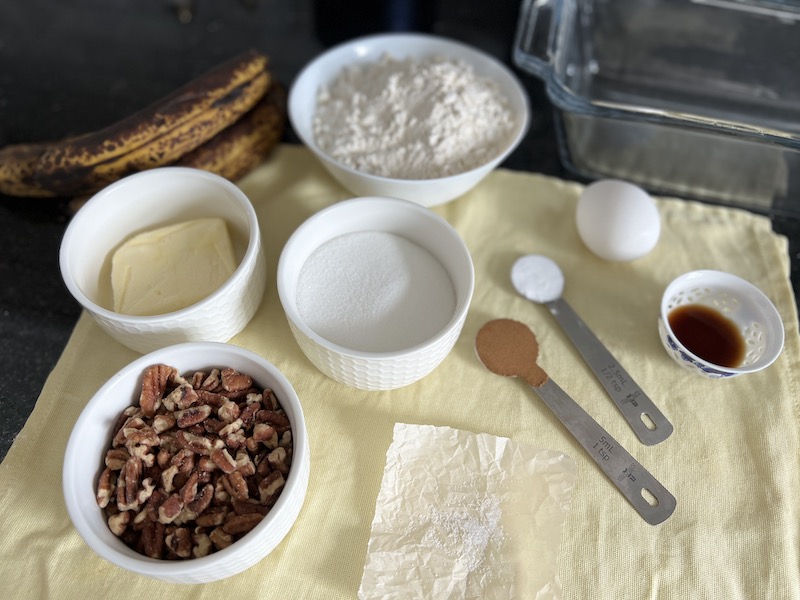 ingredients for banana bread with pecans